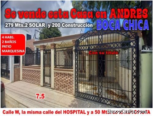 SE VENDE CASA EN ANDRES, BOCA CHICA, A 1 ESQ. DE LA AUTOPISTA, 4 HABS., 279 Mts.2