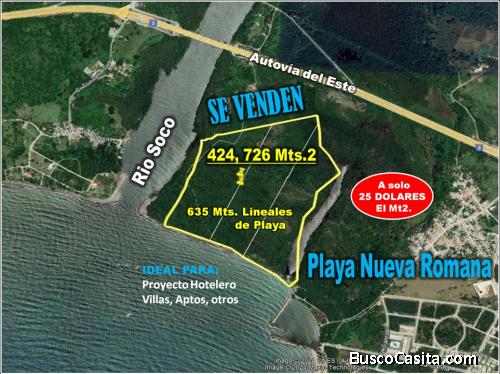 Vendo 424,726 Mts.2 de Terreno, con 635 metros lineales de Playa en Playa nueva Romana