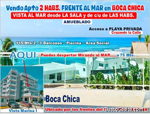 VENDO EXCLUSIVO APTO CON VISTA AL MAR DE 360 GRADOS EN BOCA CHICA, 2 HABS., 115 Mts.2, 3 BALCONES Y 