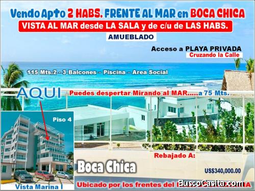 VENDO EXCLUSIVO APTO CON VISTA AL MAR DE 360 GRADOS EN BOCA CHICA, 2 HABS., 115 Mts.2, 3 BALCONES Y 