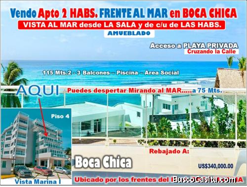 ENDO EXCLUSIVO APTO CON VISTA AL MAR DE 360 GRADOS EN BOCA CHICA, 2 HABS., 115 Mts.2, 3 BALCONES Y C