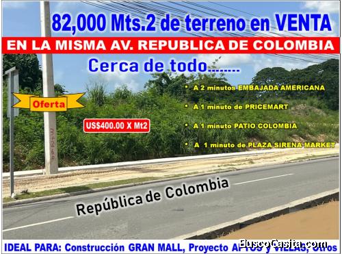 VEND0 82,000 MTS.2 DE TERRENO EN LA MISMA REPUBLICA DE COLOMBIA, A PASOS DE TODO