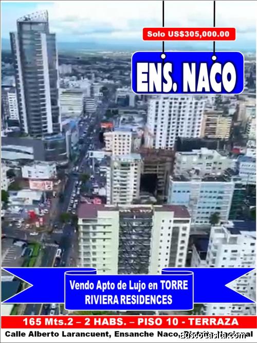Vendo Apto de Lujo en TORRE RIVIERA RESIDENCES de NACO,  2 HABS. 165 Mts.2, Piso 10, DE OPORTUNIDAD