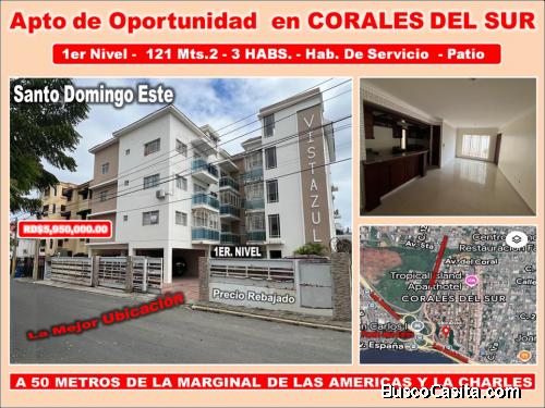 En CORALES DEL SUR, APTO de OPORTUNIDAD, 3 HABS., 120 Mts.2, 1er. Nivel, Patio. El Mejor UIBICADO.