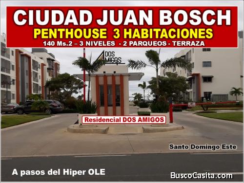 VENDO PENTHOUSE  CON TERRAZA en  CIUDAD JUAN BOSCH, 3 HABS., 140 Mts.2, Res. DOS AMIGOS Y REBAJADO