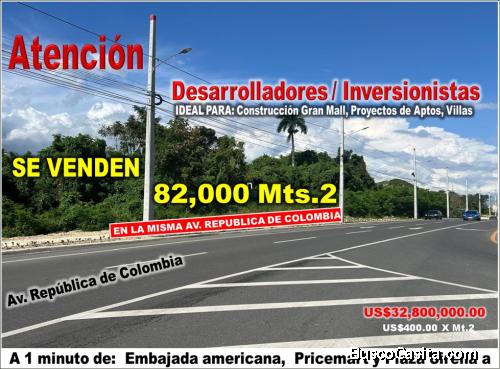 VEND0 82,000 MTS.2 DE TERRENO EN LA MISMA REPUBLICA DE COLOMBIA, A PASOS DE TODO