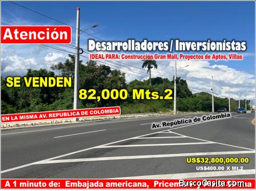 VEND0 82,000 MTS.2 DE TERRENO EN LA MISMA REPUBLICA DE COLOMBIA, A PASOS DE TODO