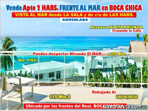 VENDO EXCLUSIVO APTO CON VISTA AL MAR DE 360 GRADOS EN BOCA CHICA, 2 HABS., 115 Mts.2, 3 BALCONES Y 