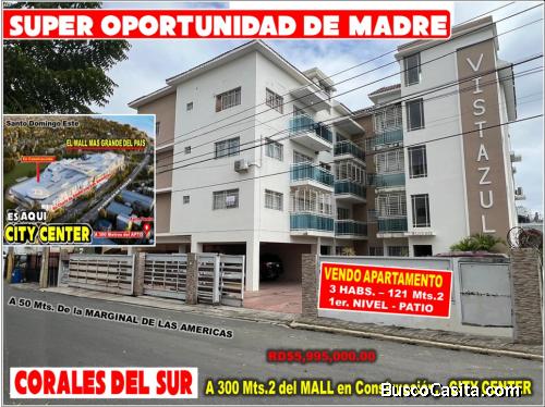 OFERTA DE MADRE en CORALES DEL SUR, APTO de 3 HABS., 120 Mts.2, 1er. Nivel,  A 300 Mts. MALL CITY CE