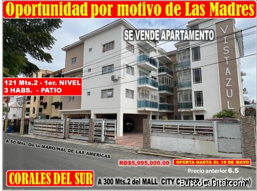 OFERTA POR LAS MADRES en CORALES DEL SUR, APTO de 3 HABS., 120 Mts.2, 1er. Nivel,  A 300 Mts. MALL C