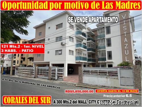 OFERTA POR LAS MADRES en CORALES DEL SUR, APTO de 3 HABS., 120 Mts.2, 1er. Nivel,  A 300 Mts. MALL C