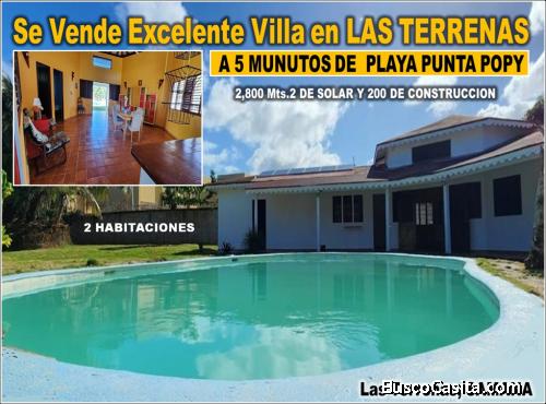 Vendo Excelente Villa en LAS TERRENAS, a 5 minutos PLAYA PUNTA POPY, 2 habs., 2,800 Mts.2 Terreno