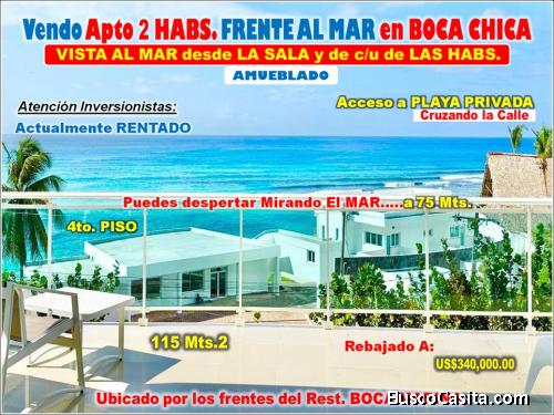 VENDO EXCLUSIVO APTO CON VISTA AL MAR DE 360 GRADOS EN BOCA CHICA, 2 HABS., 115 Mts.2, 3 BALCONES Y 
