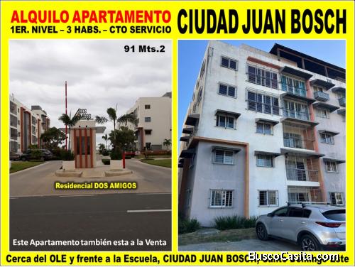 ALQUILO Apto 1er. NIVEL en CIUDAD JUAN BOSCH, 3 HABS., 91 Mts.2, RES. DOS AMIGOS
