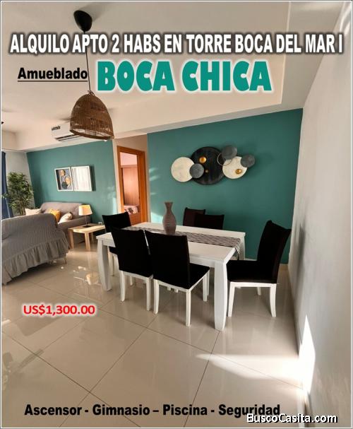 ALQUILO APTO AMUEBLADO, 2 HABS. EN BOCA CHICA, TORRE BOCA DEL MAR I