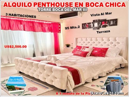 ALQUILO PENTHOUSE AMUEBLADO CON VISTA AL MAR EN EN BOCA CHICA 3 HABS., TORRE BOCA DEL MAR III.