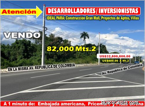 VEND0 82,000 MTS.2 DE TERRENO EN LA MISMA REPUBLICA DE COLOMBIA, A PASOS DE TODO