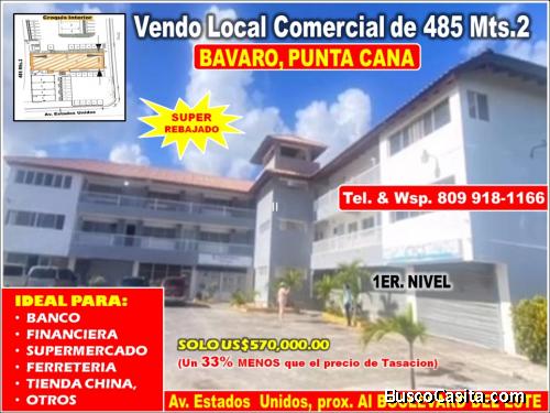 Vendo Local Comercial de 485 Mts.2 en Av. Estados Unidos BAVARO, 33% menos que el precio de Tasación