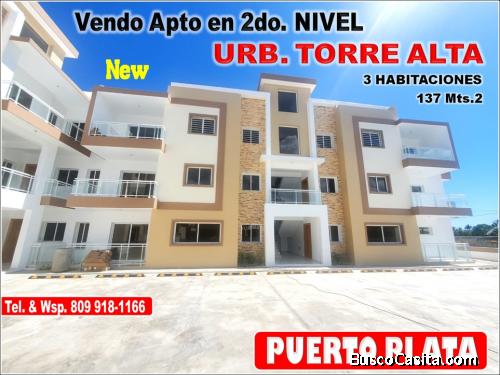 Vendo Exclusivo Apto de 3 HABS., 137 Mts.2 en URB. TORRE ALTA de Puerto Plata, cerca de Todo.