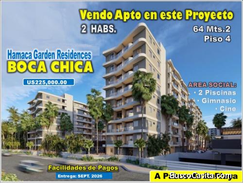 VENDO APTO 2 HABS. EN PROYECTO HAMACA GARDEN RESIDENCES, BOCA CHICA, PISO 4, BALCON