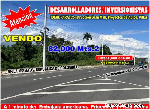 VEND0 82,000 MTS.2 DE TERRENO EN LA MISMA REPUBLICA DE COLOMBIA, A PASOS DE TODO