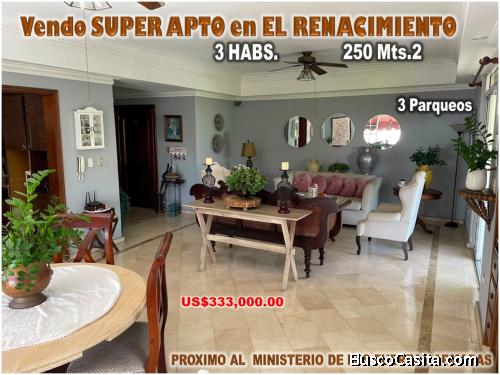 SUPER APTO EN EL RENACIMIENTO, 250 Mts.2, 3 HABS., 3 PARQUEOS, ASCENSOR
