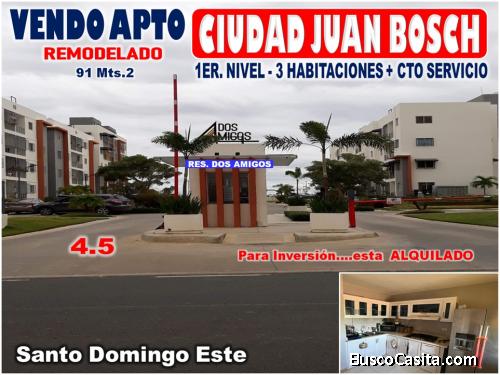Vendo Apto 1er. NIVEL en CIUDAD JUAN BOSCH, RES. DOS AMIGOS, 3 HABS., 91 Mts.2