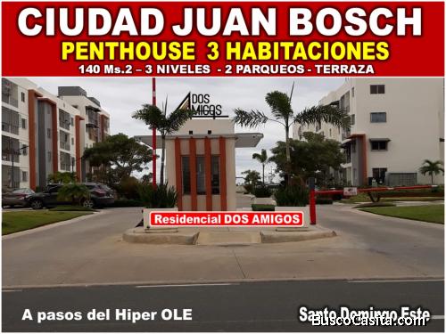 VENDO PENTHOUSE  CON TERRAZA en  CIUDAD JUAN BOSCH, 3 HABS., 140 Mts.2, Res. DOS AMIGOS Y REBAJADO