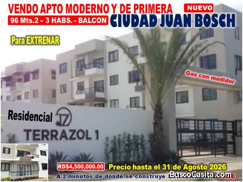 Vendo Apto Moderno y de Primera en CIUDAD JUAN BOSCH, PRECIO DE OFERTA, POR TIEMPO LIMITADO, Reside