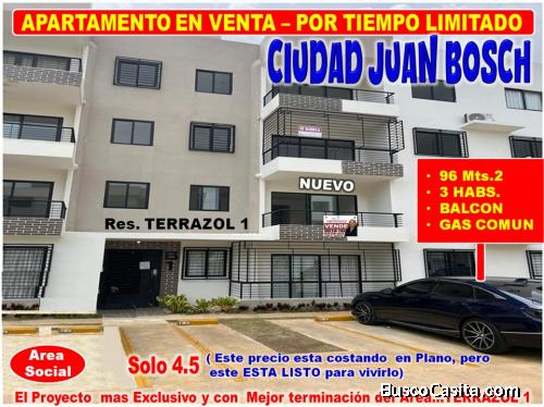 SE VENDE APTO EN LA CIUDAD JUAN BOSCH – POR TIEMPO LIMITADO, 3 HABS., 96 Mts.2