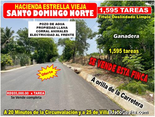 Vendo Finca de 1,595 tareas CERCA DE LA CIUDAD, Santo Domingo Norte, a la Orilla del ASFALTO, totalm
