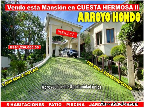 Vendo Imponente Mansión en Cuesta Hermosa II, 5 HABS., 1,000 Mts.2, Patio, Piscina, REBAJADA