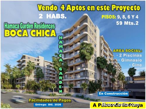 VENDO 4 APTOS EN PROYECTO HAMACA GARDEN RESIDENCES, BOCA CHICA, 2 HABS., BALCON