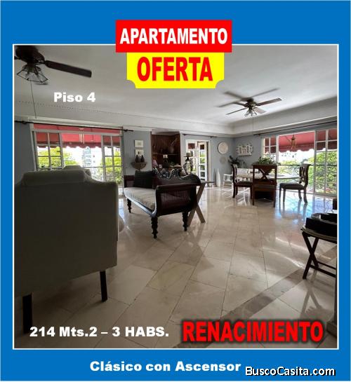 Vendo Apto Clásico en RENACIMIENTO, 3 HABS., 214 Mts.2, con Ascensor 