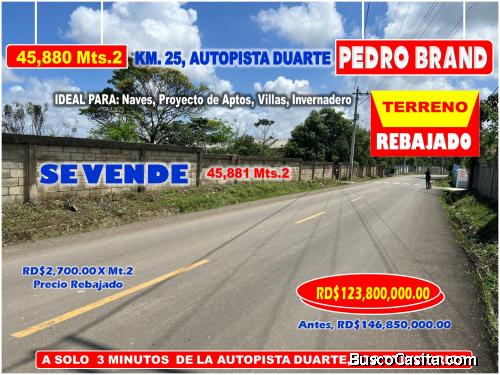 Vendo Terreno para NAVES, APTOS en PEDRO BRAND, 45,881 Mts.2, REBAJADA, a 3 minutos de la Autopista 