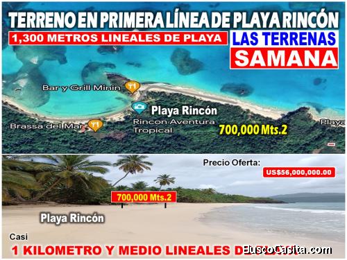 EN VENTA – TERRENO EN PRIMERA LÍNEA DE PLAYA RINCÓN, SAMANÁ, 700,000 Mts.2