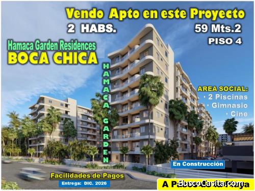VENDO APTO EN CONSTRUCCION EN BOCA CHICA, 2 HABS., BALCON, PROYECTO HAMACA GARDEN RESIDENCES