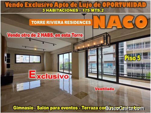 Vendo Exclusivo Apto de Lujo en NACO, 3 HABS., 175 Mts.2, piso 5