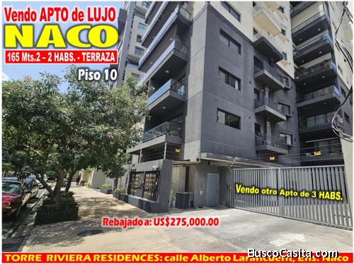Vendo Apto de Lujo en RIVIERA RESIDENCES de NACO,  2 HABS. 165 Mts.2, Piso 10, DE OPORTUNIDAD