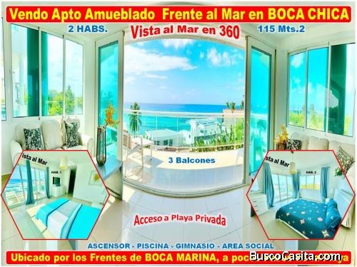 VENDO EXCLUSIVO APTO CON VISTA AL MAR DE 360 GRADOS EN BOCA CHICA, 2 HABS., 115 Mts.2, 3 BALCONES Y